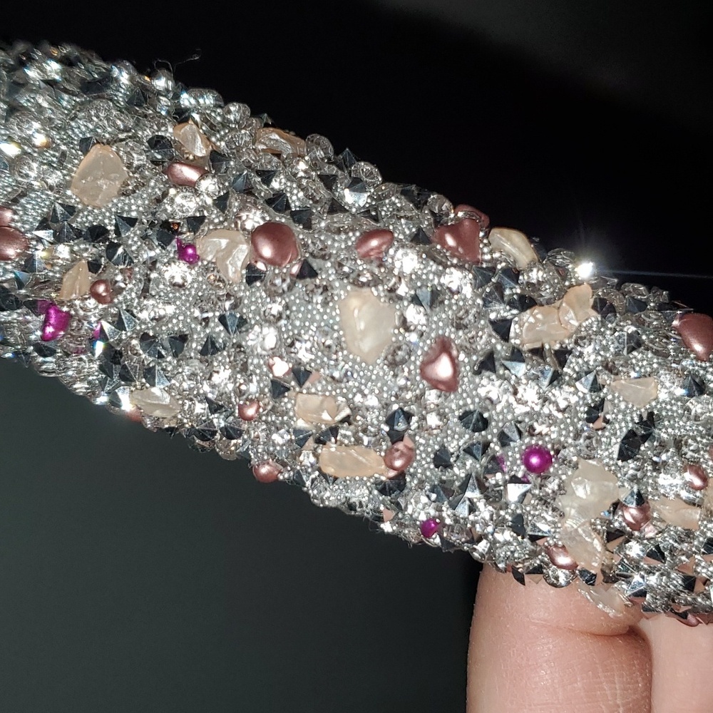 New handmade boutique rhinestone stones and beads flexible wide headband silver - Picture 4 of 7